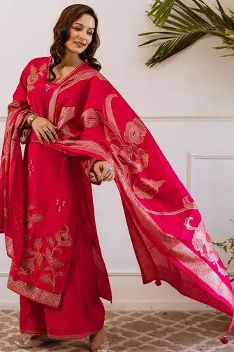 Women Floral Embroidered Kurta with Sharara & Dupatta
