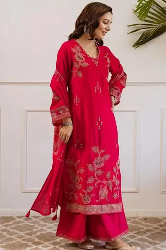 Women Floral Embroidered Kurta with Sharara & Dupatta