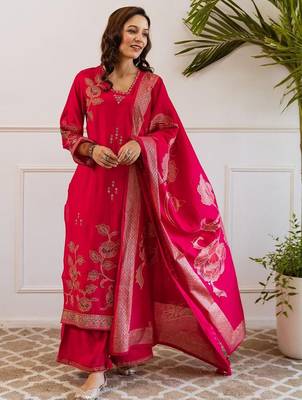 Women Floral Embroidered Kurta with Sharara & Dupatta 6