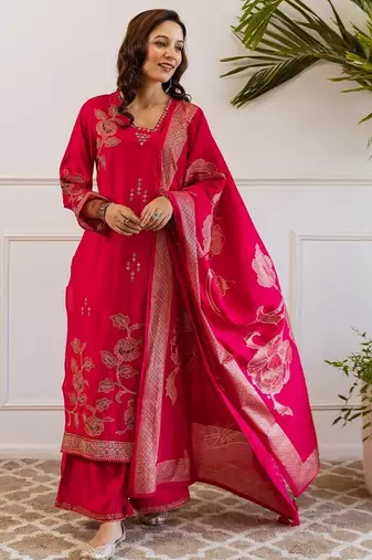 Women Floral Embroidered Kurta with Sharara & Dupatta
