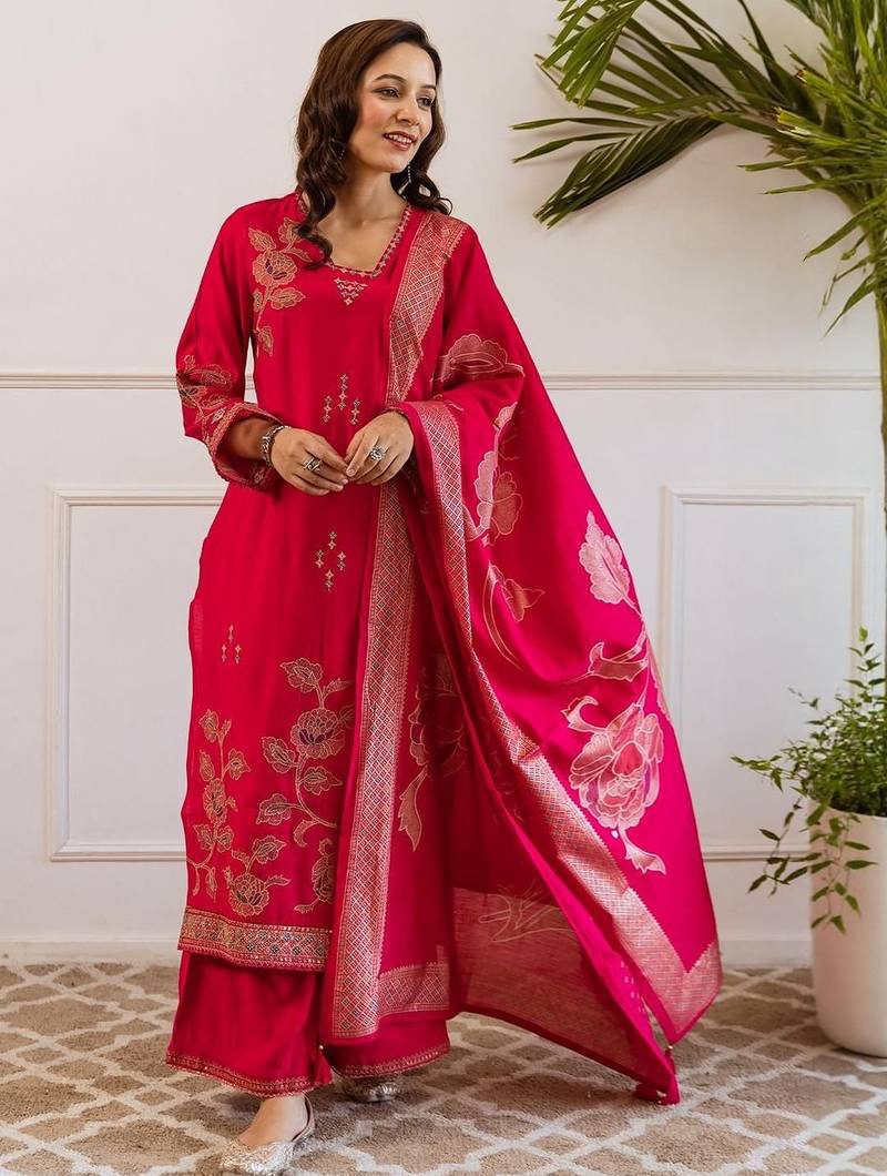 Women Floral Embroidered Kurta with Sharara & Dupatta