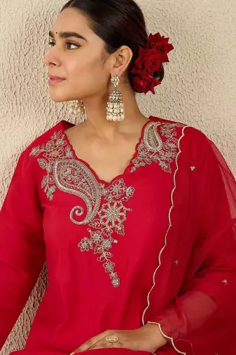 Paisley Embroidered Sequinned Liva Straight Kurta With Trousers & Dupatta