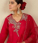 Paisley Embroidered Sequinned Liva Straight Kurta With Trousers & Dupatta