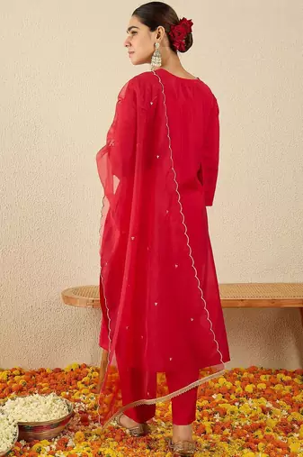 Paisley Embroidered Sequinned Liva Straight Kurta With Trousers & Dupatta