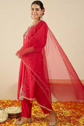 Paisley Embroidered Sequinned Liva Straight Kurta With Trousers & Dupatta