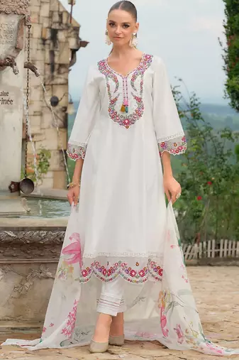 Women Embroidered Thread Work Kurta with Trousers & Dupatta