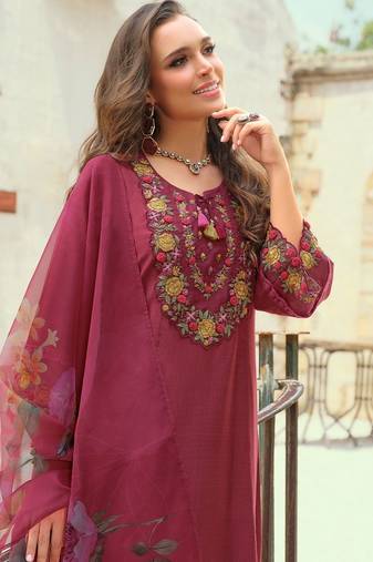 Floral Embroidered Thread Work Tieup Neck A-Line Kurta With Trousers & Dupatta