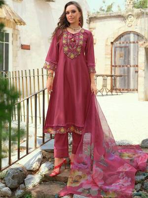 Floral Embroidered Thread Work Tieup Neck A-Line Kurta With Trousers & Dupatta 2