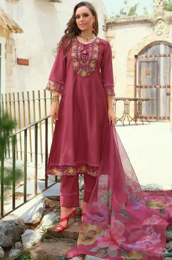 Floral Embroidered Thread Work Tieup Neck A-Line Kurta With Trousers & Dupatta