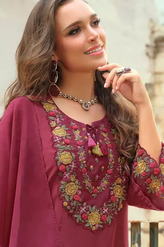 Floral Embroidered Thread Work Tieup Neck A-Line Kurta With Trousers & Dupatta