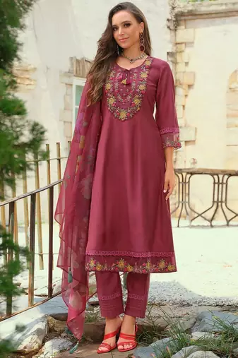 Floral Embroidered Thread Work Tieup Neck A-Line Kurta With Trousers & Dupatta