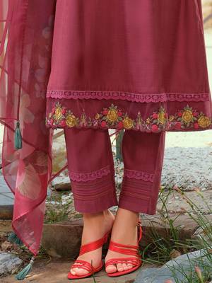 Floral Embroidered Thread Work Tieup Neck A-Line Kurta With Trousers & Dupatta 6