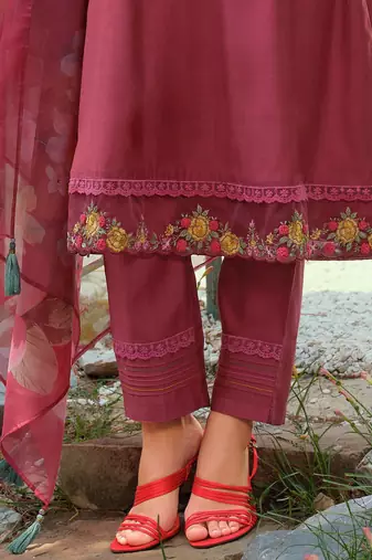 Floral Embroidered Thread Work Tieup Neck A-Line Kurta With Trousers & Dupatta