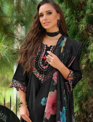 Floral Embroidered Tieup Neck Liva A-Line Kurta With Trousers & Dupatta 1