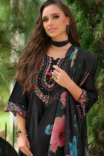 Floral Embroidered Tieup Neck Liva A-Line Kurta With Trousers & Dupatta