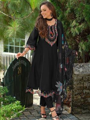 Floral Embroidered Tieup Neck Liva A-Line Kurta With Trousers & Dupatta 2