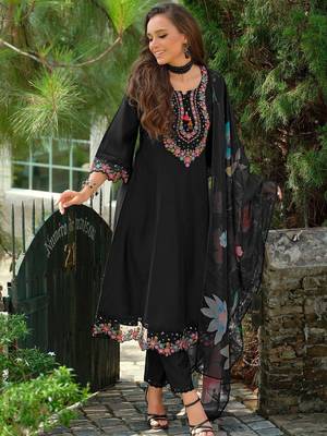 Floral Embroidered Tieup Neck Liva A-Line Kurta With Trousers & Dupatta 3