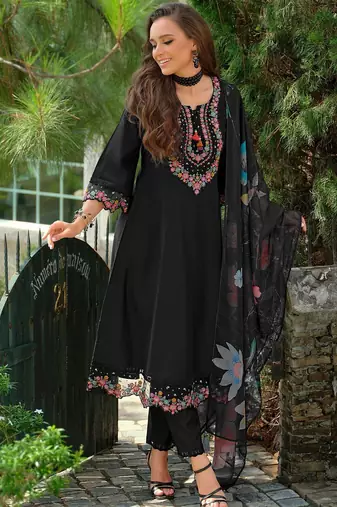 Floral Embroidered Tieup Neck Liva A-Line Kurta With Trousers & Dupatta