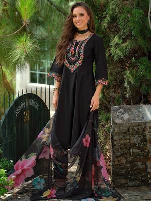 Floral Embroidered Tieup Neck Liva A-Line Kurta With Trousers & Dupatta 4