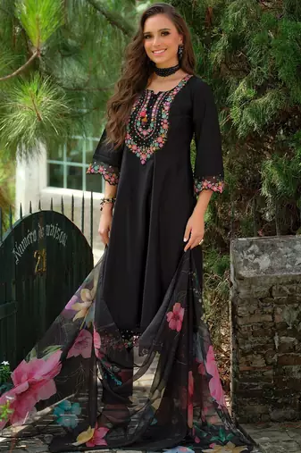 Floral Embroidered Tieup Neck Liva A-Line Kurta With Trousers & Dupatta