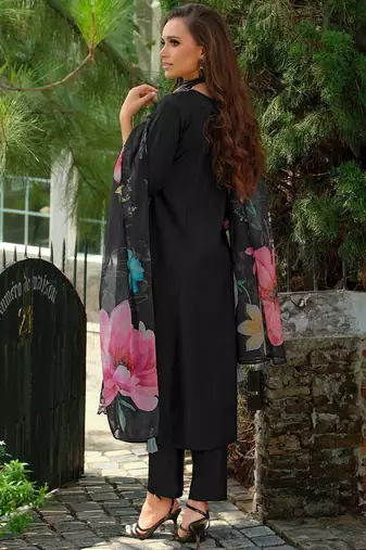 Floral Embroidered Tieup Neck Liva A-Line Kurta With Trousers & Dupatta