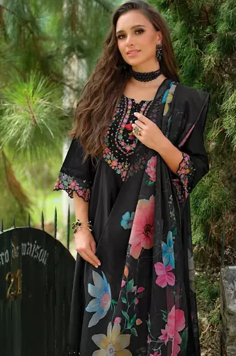 Floral Embroidered Tieup Neck Liva A-Line Kurta With Trousers & Dupatta