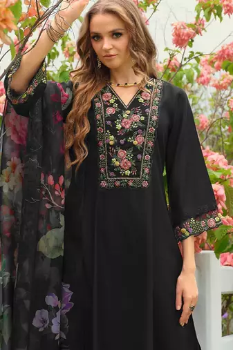 Floral Embroidered V-Neck Liva A-Line Kurta With Trousers & Dupatta