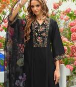 Floral Embroidered V-Neck Liva A-Line Kurta With Trousers & Dupatta