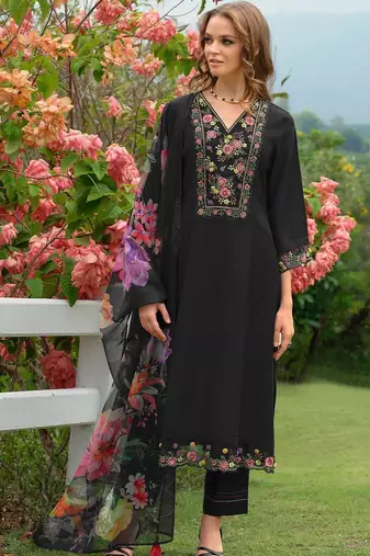 Floral Embroidered V-Neck Liva A-Line Kurta With Trousers & Dupatta