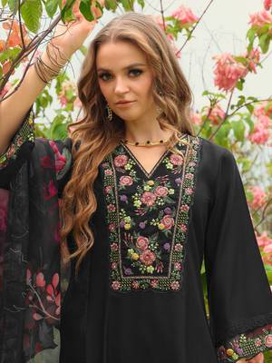 Floral Embroidered V-Neck Liva A-Line Kurta With Trousers & Dupatta 4