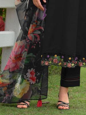 Floral Embroidered V-Neck Liva A-Line Kurta With Trousers & Dupatta 5