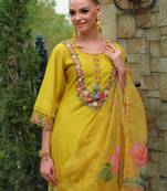 Women Floral Embroidered Beads and Stones Liva Kurta with Trousers & With Dupatta