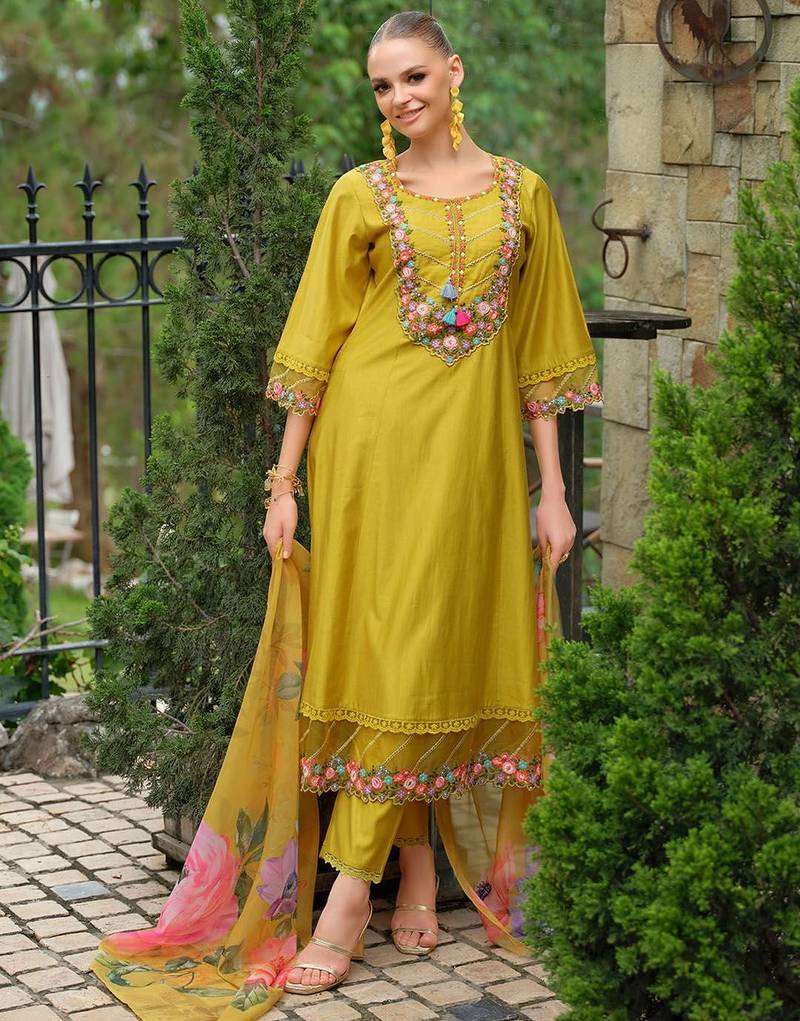 Women Floral Embroidered Beads and Stones Liva Kurta with Trousers & With Dupatta