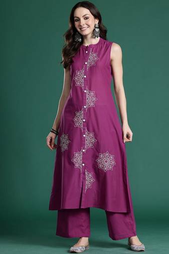 Women Ethnic Motifs Embroidered Pure Cotton A-Line Kurta With Trousers