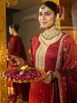 Women Floral Embroidered Sequinned Straight Kurta With Trousers & Dupatta 1
