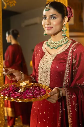 Women Floral Embroidered Sequinned Straight Kurta With Trousers & Dupatta
