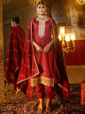 Women Floral Embroidered Sequinned Straight Kurta With Trousers & Dupatta 2