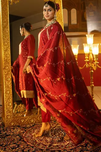 Women Floral Embroidered Sequinned Straight Kurta With Trousers & Dupatta