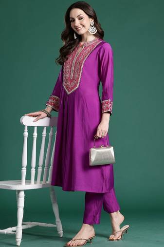 Embroidered Notch Neck A-Line Kurta With Trousers