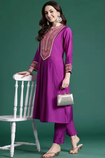 Embroidered Notch Neck A-Line Kurta With Trousers