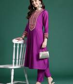 Embroidered Notch Neck A-Line Kurta With Trousers