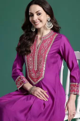 Embroidered Notch Neck A-Line Kurta With Trousers