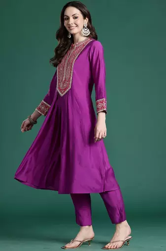 Embroidered Notch Neck A-Line Kurta With Trousers
