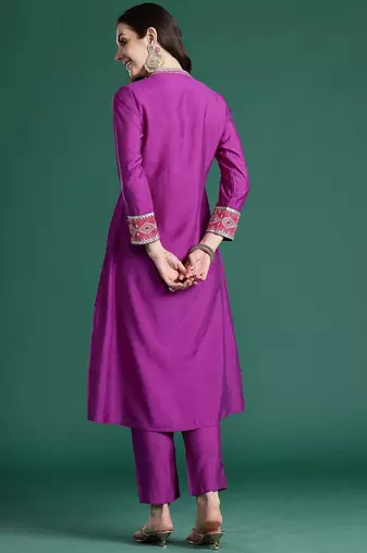 Embroidered Notch Neck A-Line Kurta With Trousers