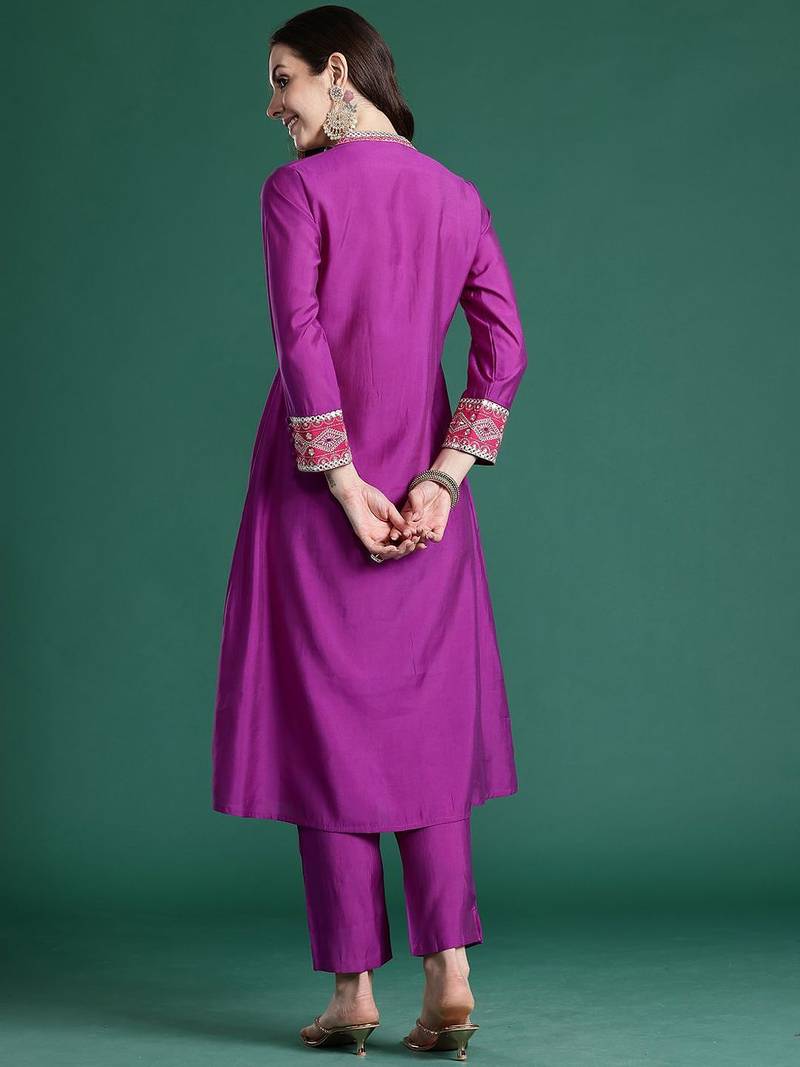 Embroidered Notch Neck A-Line Kurta With Trousers