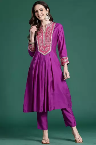 Embroidered Notch Neck A-Line Kurta With Trousers