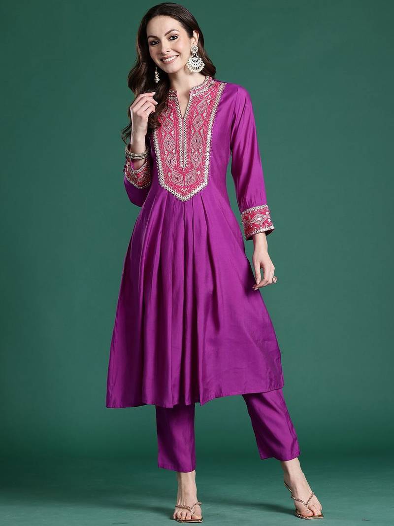 Embroidered Notch Neck A-Line Kurta With Trousers