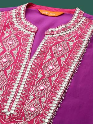 Embroidered Notch Neck A-Line Kurta With Trousers 6