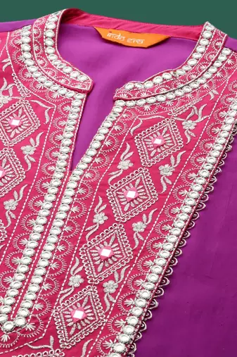 Embroidered Notch Neck A-Line Kurta With Trousers