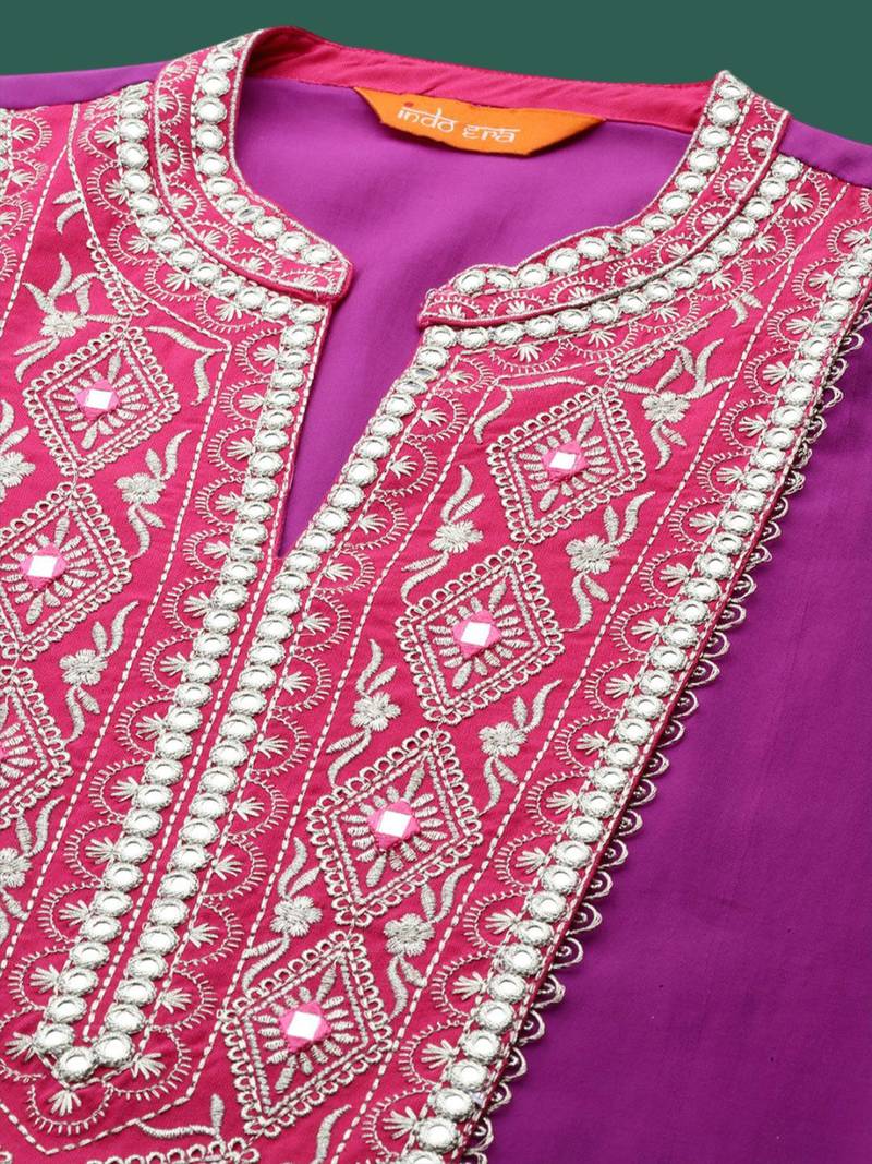 Embroidered Notch Neck A-Line Kurta With Trousers